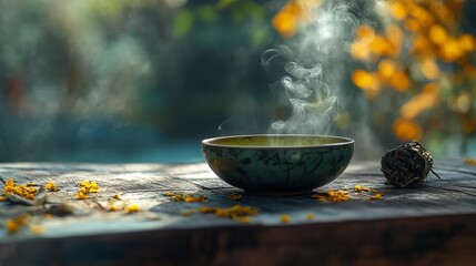 Steaming Hot Tea in Rustic Bowl Wooden Table Tranquil Serene Peaceful Atmosphere Natural Light Warm Yellow Flowers Background Relaxing Zen Spa Moment 