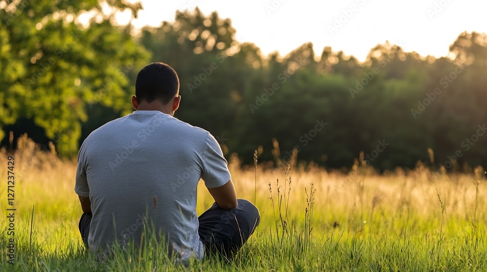 Poster serene moment of a man sitting in a lush green field during golden hour light : generative ai