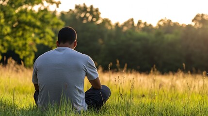 Fototapeta premium Serene moment of a man sitting in a lush green field during golden hour light : Generative AI