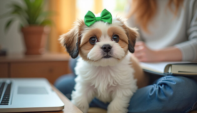 Realistic Shih Tzu puppy with a green bow sitting on owner's lap in home office setting, comforting companionship concept.  Dog Walking Service concept.  Pet care and companionship. - Powered by Adobe