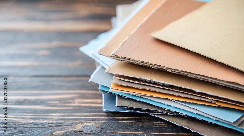 Poster Stacks of colorful textured paper sheets arranged on a wooden surface for various crafts : Generative AI