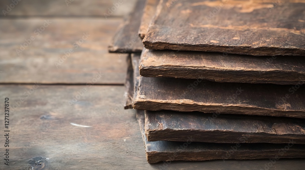 Poster neatly stacked rustic wooden boards showing rich textures and natural color variations : generative 