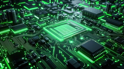 Fototapeta premium Glowing Green Circuit Board: A High-Tech Digital Microchip Close-Up