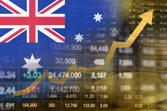 Australia flag with stock market finance, economy trend graph digital technology.
