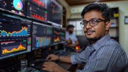 In a modern trading environment, two individuals focus on analyzing financial charts and data on large screens, immersed in the world of stock market trading and analysis.