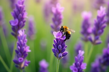 Abeja recogiendo polen entre flores de lavanda, field, flora