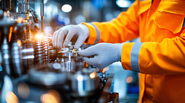 Close up of engineer in orange uniform inspecting machinery components with precision and care - Powered by Adobe