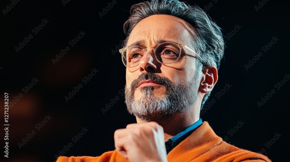 Poster man with glasses and a beard is standing in front of a black background. he is wearing an orange swe