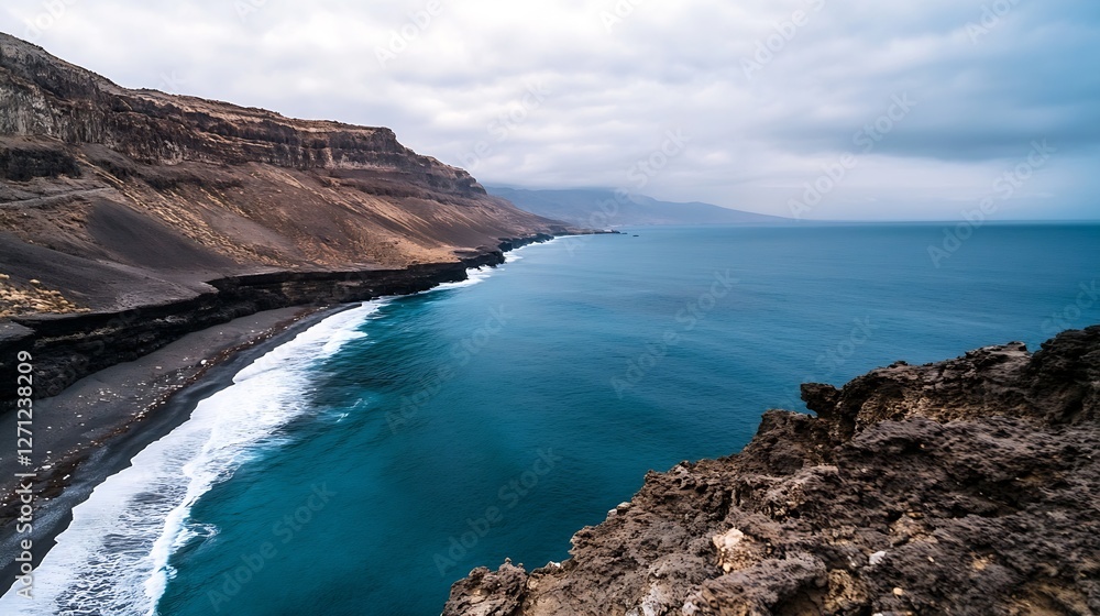 Aufkleber stunning coastal view of a rocky beach with waves crashing against cliffs : generative ai