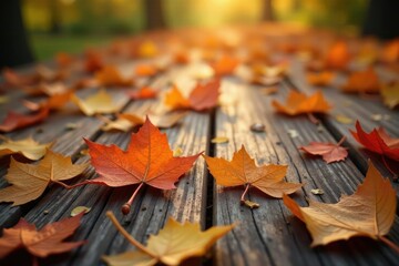 Obraz premium Amber hues of fallen leaves scattered across a wooden table, fall, wood