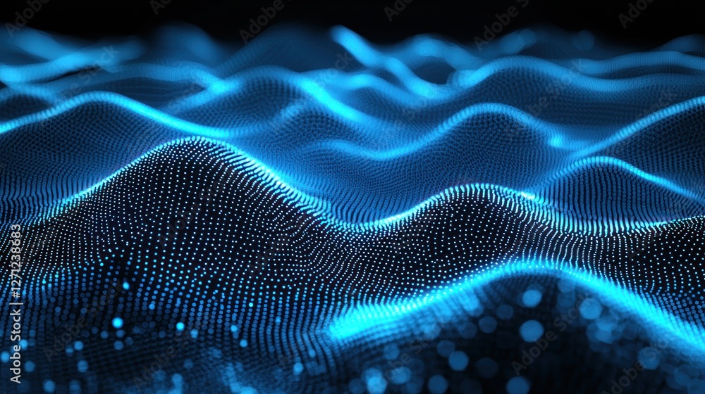 Poster abstract blue digital waveform: showcasing a dynamic, undulating wave of luminous blue particles.