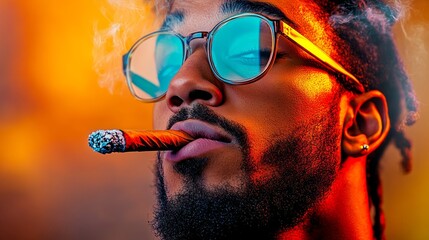 Man is smoking a cigar while wearing sunglasses. The image has a cool, relaxed vibe, with the man's sunglasses and the cigar adding to the laid-back atmosphere