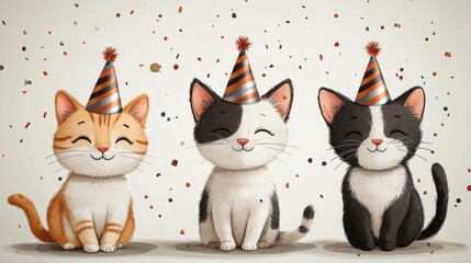 Joyful cats in party hats celebrating a festive occasion with colorful confetti in the background
