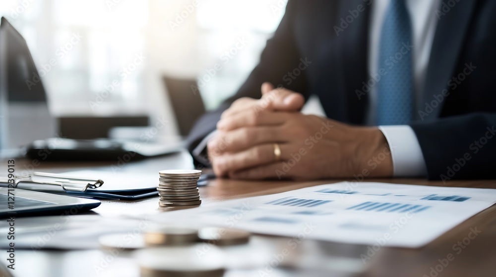 Aufkleber businessman sitting at desk with financial reports and stacks of coins representing wealth managemen