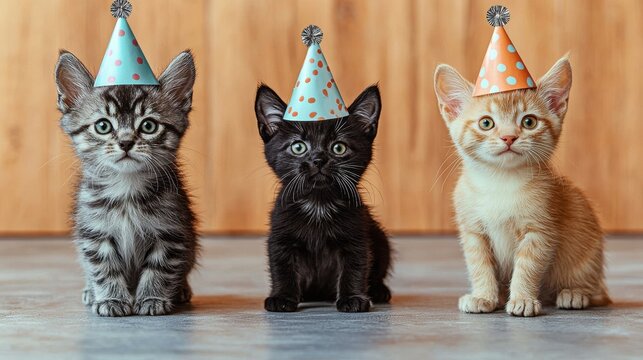 Three adorable kittens wearing colorful party hats celebrate a fun occasion indoors