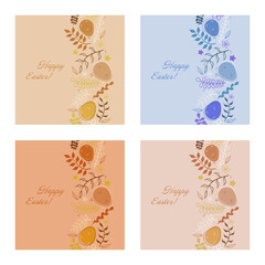 Easter set. Pink greeting card with decorative eggs, floral ornaments, and leaves. Warm and festive spring holiday design with soft tones.