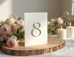 Elegant white table number 8 mockup for wedding, party. Minimal design with roses, candles, on wooden slice. Wedding invitation template for eight guest name cards on ceremony.