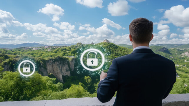 man in suit looks at scenic landscape with digital lock icons overlayed, symbolizing security