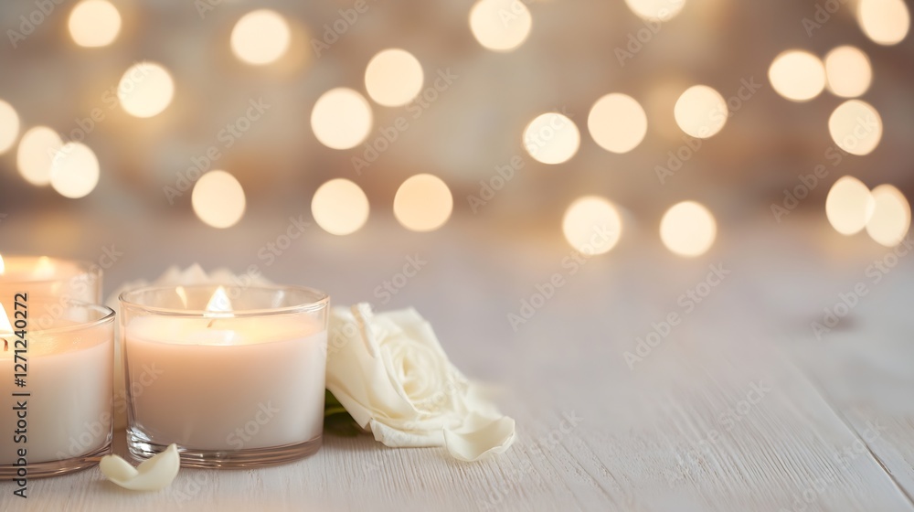 Aufkleber Tranquil setting with candles and roses surrounded by soft bokeh lights creating a romantic atmosphere : Generative AI