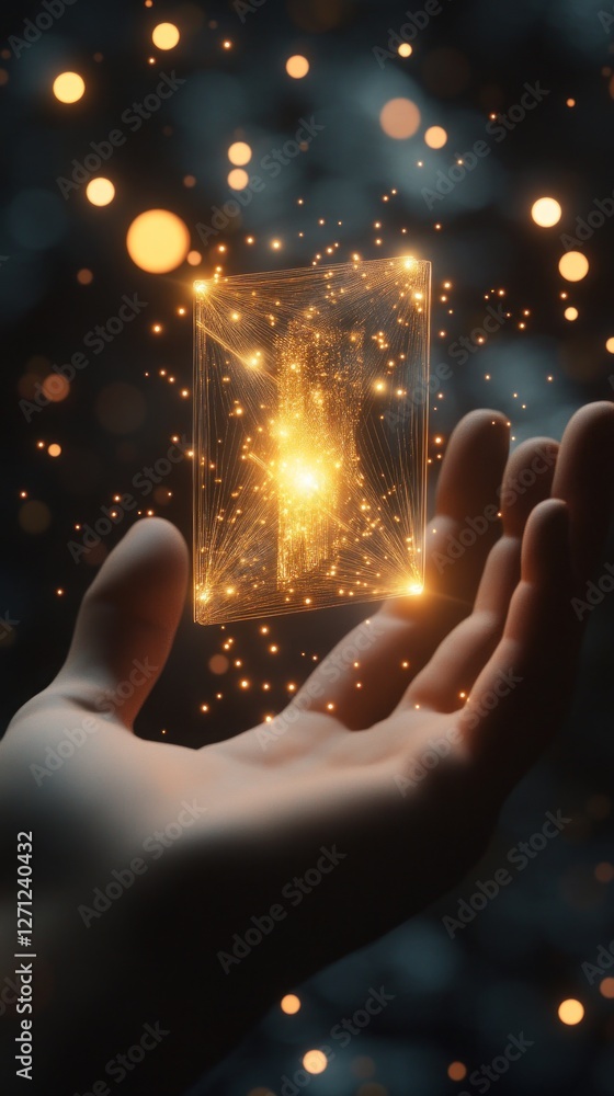 Poster harnessing the digital future, light box in hand with sparkling bokeh