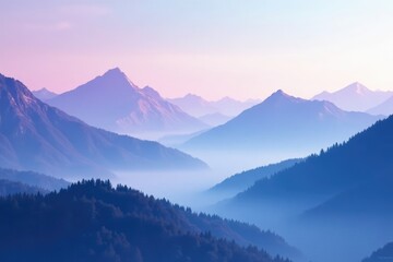 Ethereal blue purple and white gradient misty mountains, landscape, clouds, sky
