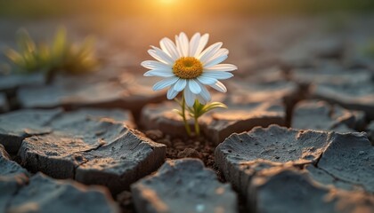 Resilient white daisy blooms on cracked dry earth. Photo symbolizes hope, perseverance in harsh arid conditions, representing growth against adversity, natural beauty of blooming plant in desolation.