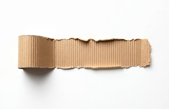 Torn piece of corrugated cardboard isolated on white background. Ripped brown paper with rough edges, blank message sign. Grunge cardbox material with empty space for note.