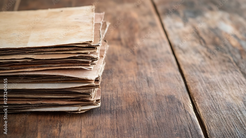 Poster old vintage paper documents stacked carefully showing wear over time on a rustic table : generative 