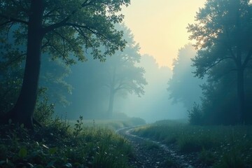 Obraz premium Ethereal mist ascends softly darkening surroundings, gentle drift, shimmering veil