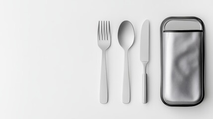 Mess Kit with Cutlery on a White Background Top View Mockup Design