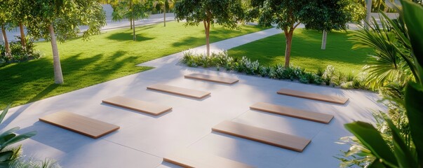 A serene outdoor space featuring wooden benches arranged on a paved area amidst lush greenery and trees, perfect for relaxation and gatherings.