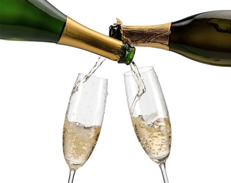Champagne pouring in two glasses from two bottles, close up on white background, studio shot