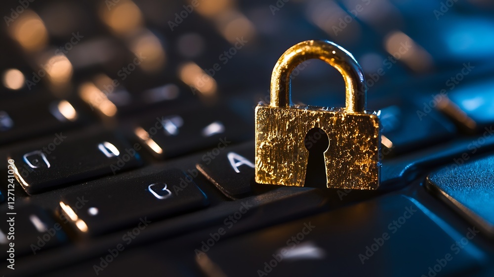 Leinwandbilder Golden padlock resting on a keyboard symbolizing digital security and protection in modern technology : Generative AI