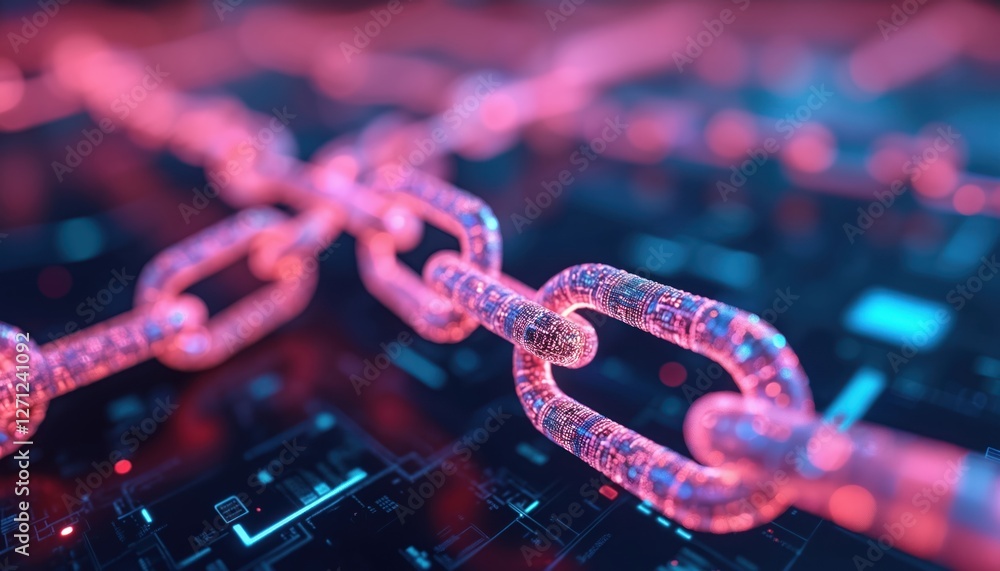 Poster close-up of neon pink chain with digital circuit patterns. futuristic tech, modern connectivity in v