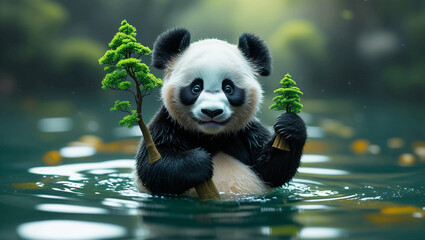 Fototapeta premium Tiny Panda Floating on Water, Miniature Panda Holding Trees, Close-Up Photography, Shallow Depth of Field, Fluffy Black-and-White Fur, Soft Shadows and Texture, Adorable Panda Face, Blurred Background