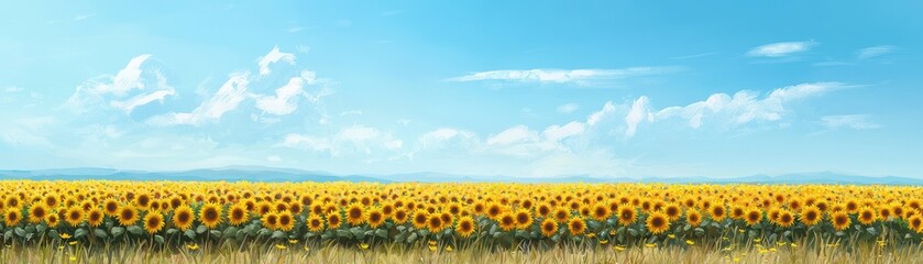 Fototapeta premium Serene Summer Sunflowers Field Landscape Vibrant Yellow Blossoms under Blue Sky