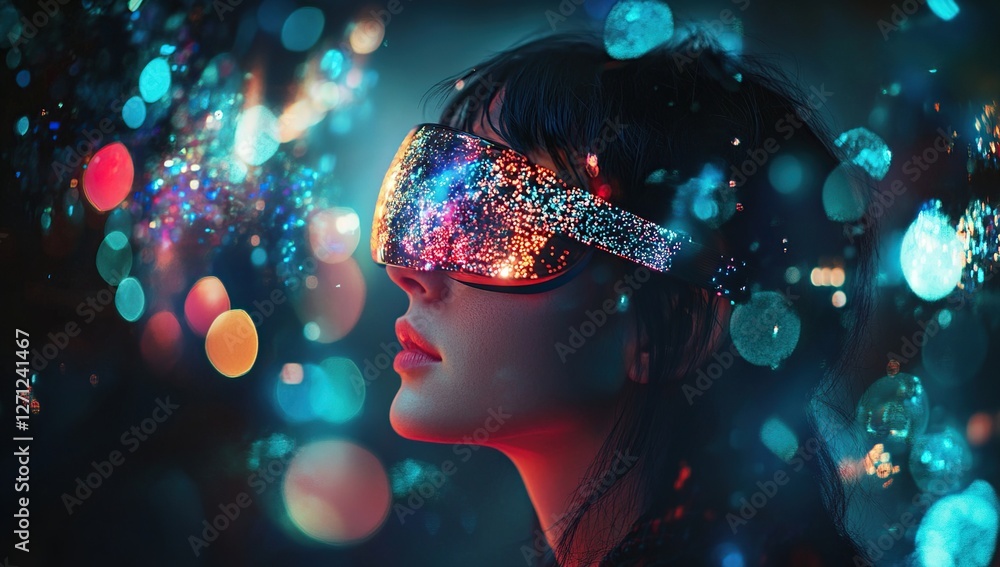 Poster exploring immersive virtual reality: a futuristic journey into digital worlds with stunning visuals 