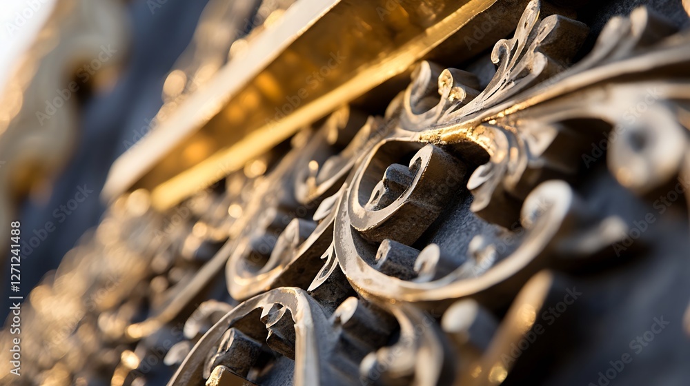 Poster Intricate closeup of ornate golden details on a decorative wall surface with elegant patterns : Generative AI