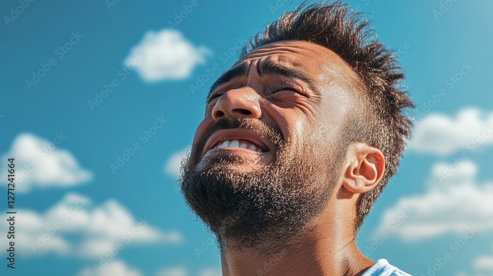 Poster man with a beard and a mustache is smiling and looking up at the sky. the sky is blue with some clou