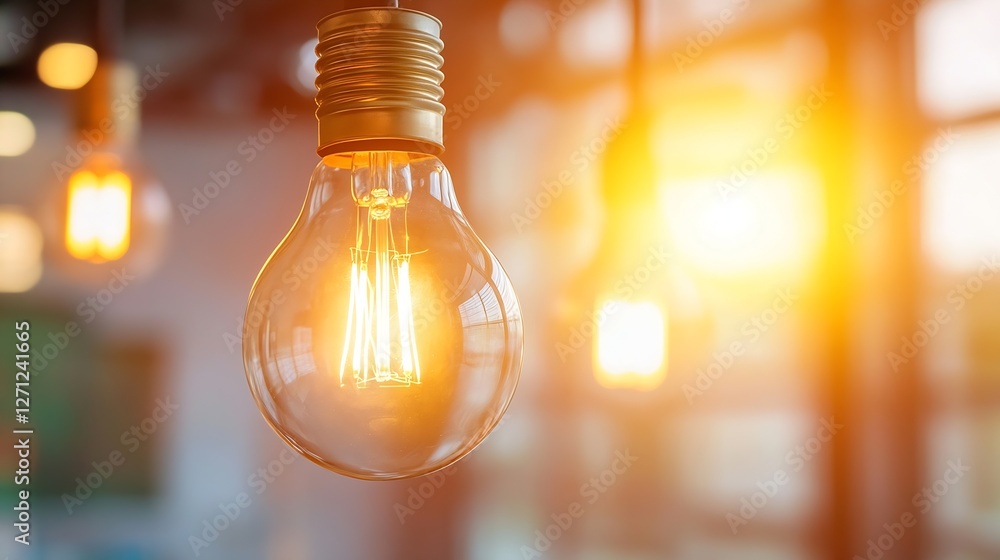 Poster Vintage Style Light Bulb Glowing Warmly in a Modern Setting with Soft Focus Background : Generative AI