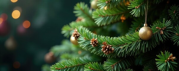 Evergreen garland wrapped around Christmas tree branches, festive decoration, holiday decor