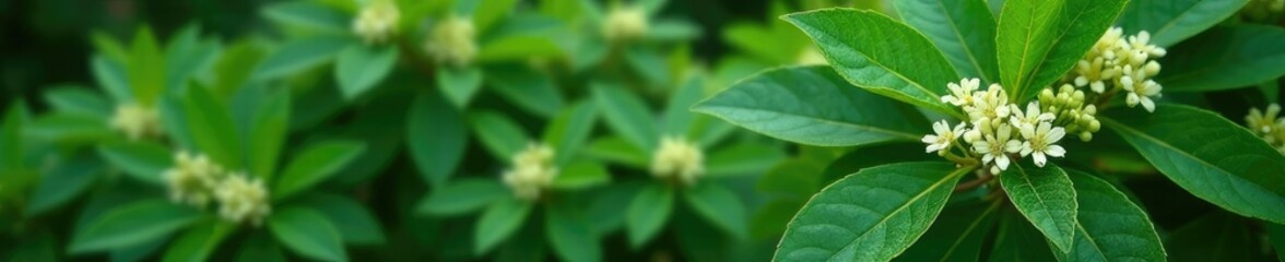 Evergreen shrub with feathery leaves and small white flowers, Vitex negundo, small blooms