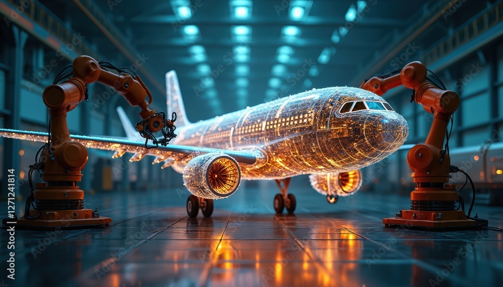 Poster futuristic factory with robotic arms assembles transparent glowing wireframe airplane. digital const