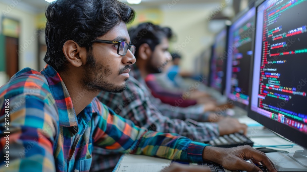 Poster A group of young individuals focus intently on their screens, coding in a technology center, surrounded by monitors displaying colorful lines of code, emphasizing teamwork and skill development.