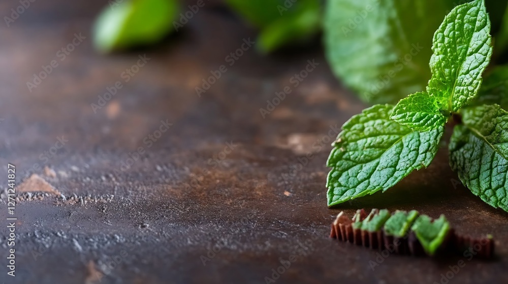 Poster Fresh Mint Leaves on Rustic Wood Surface with Chocolate Bar Pieces in a Natural and Delicious Display : Generative AI