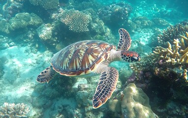 Obraz premium A majestic sea turtle swimming near a coral reef
