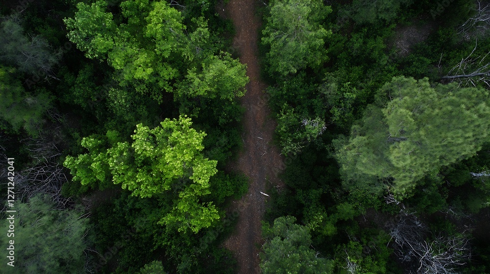 Poster aerial view of a lush green forest path surrounded by vibrant trees and natural scenery : generative