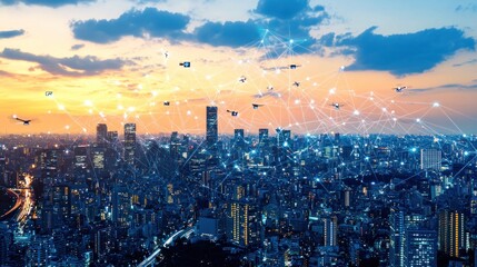 Fototapeta premium Smart City Drone Delivery Network: A Futuristic Urban Landscape