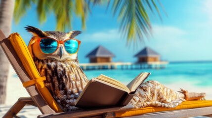 Small owl is sitting on a beach chair with sunglasses on and reading a book. The scene is relaxed and peaceful, with the ocean in the background