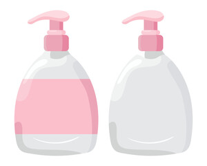 Soap dispenser set icon. Two liquid soap bottles, one with soap and one empty. Used for hand hygiene and cleaning.